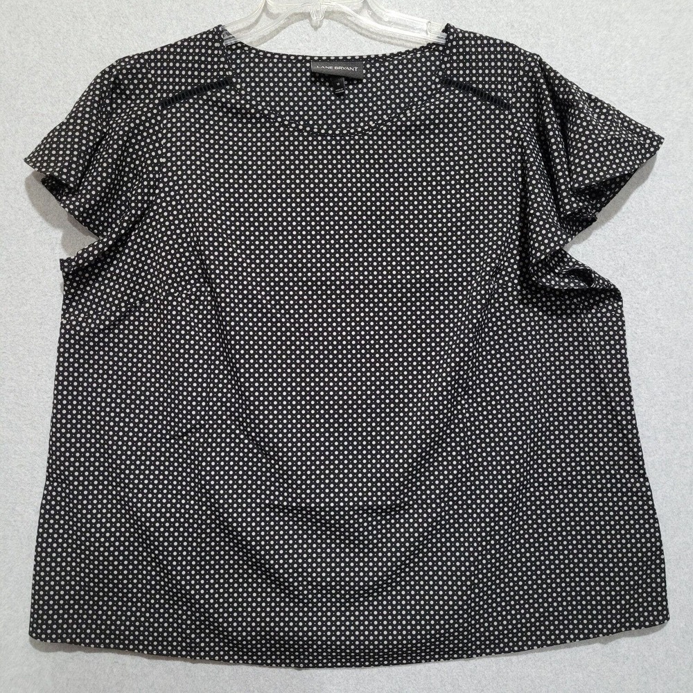 Lane Bryant Blouse 18 Flutter Sleeve Lace Inlay Black Grey Dot